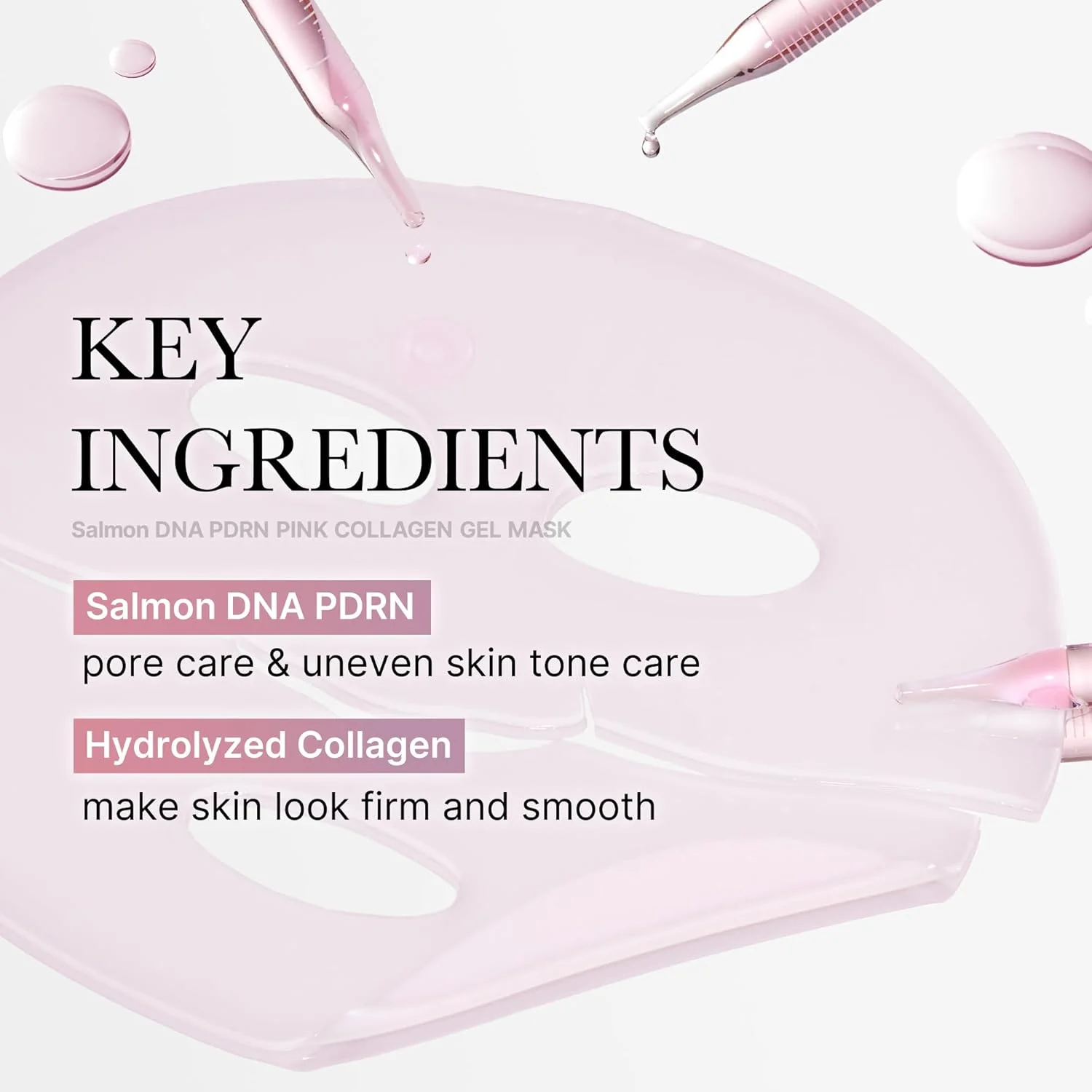 Grafik yang menggambarkan bahan-bahan utama masker gel kolagen merah muda DNA salmon PDRN, yang berfokus pada perawatan pori-pori dan peningkatan warna kulit.